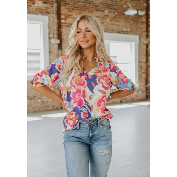 Split V-Neck Women's Whimsical Boho Floral Print Blouse Size XL Multicolor NWOT - Picture 1 of 8